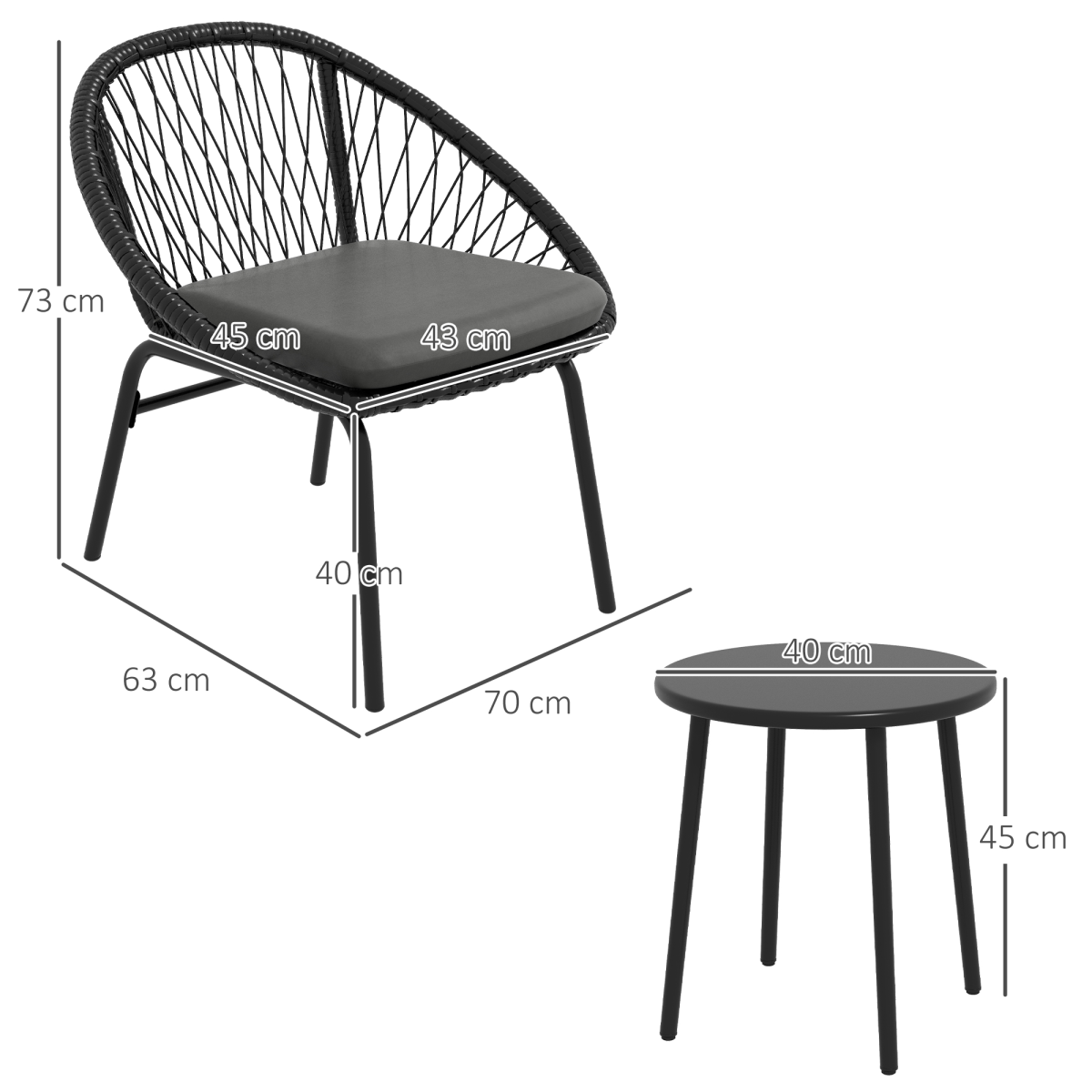 Outsunny 3 Piece Garden Bistro Set with 2 Round Wicker Chairs and Coffee Table