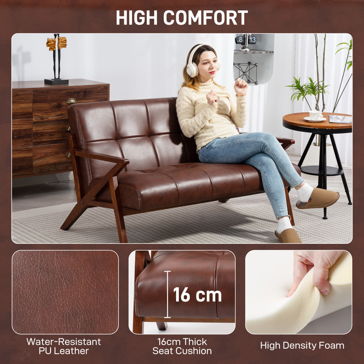 HOMCOM Compact Vintage Brown 2 Seater Sofa with Solid Wood Frame
