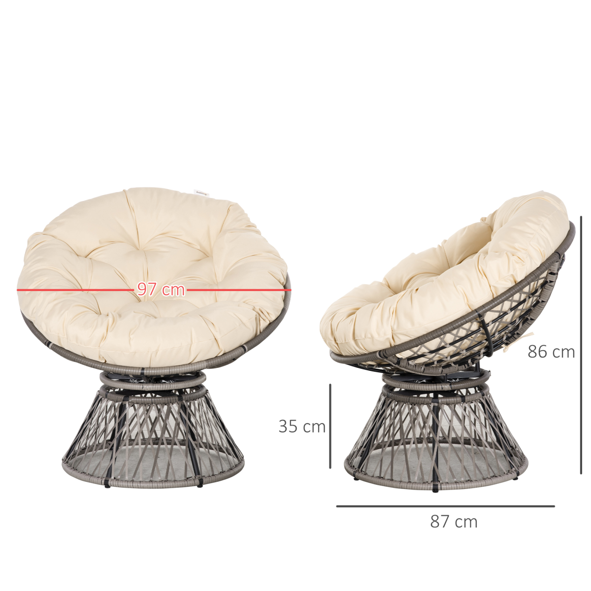 Outsunny 360° Swivel Rattan Papasan Moon Bowl Chair with Padded Cushion, Round Outdoor Garden Chair