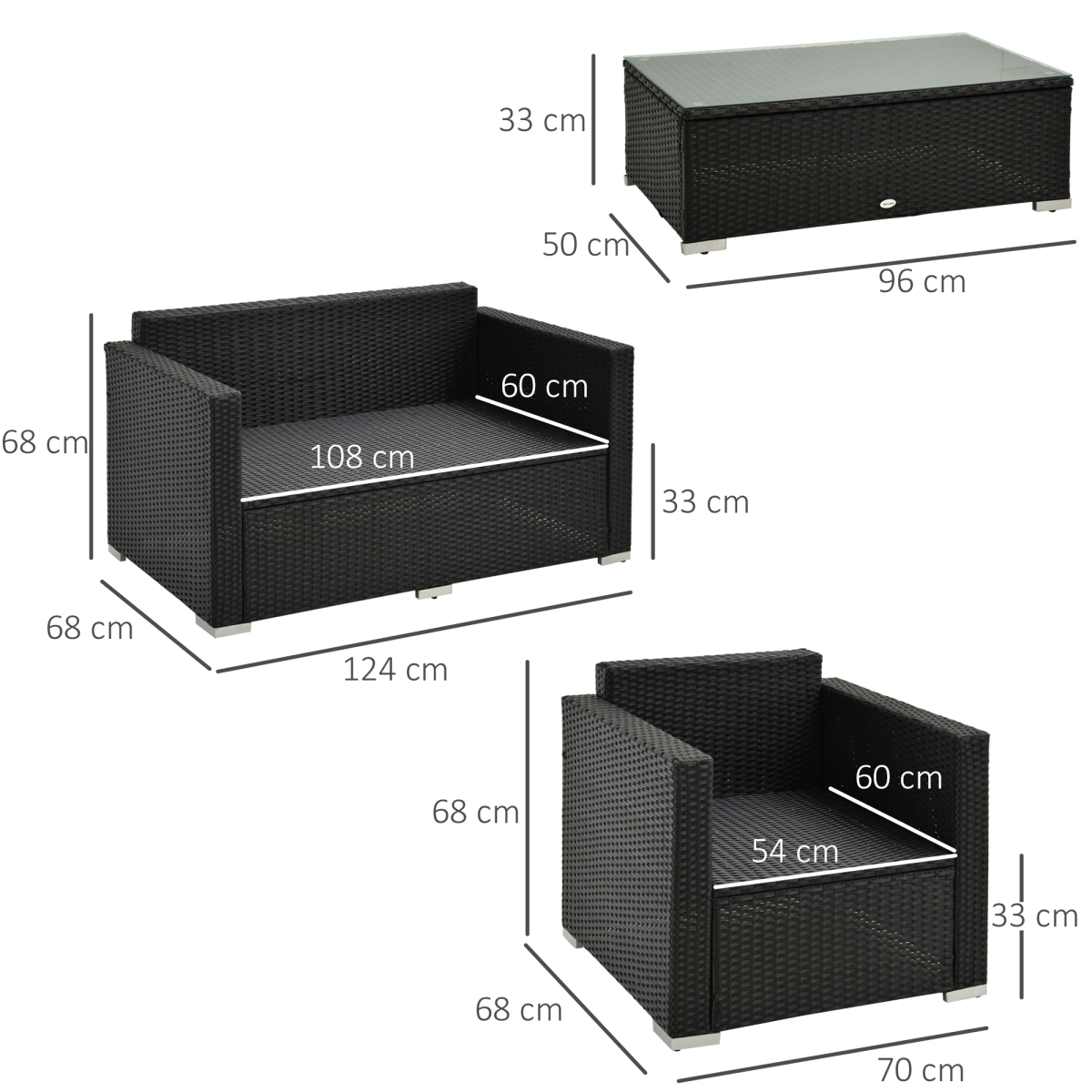 Outsunny 4-Piece Outdoor Rattan Wicker Sofa Set with Coffee Table, Cushioned, Steel Frame, Black