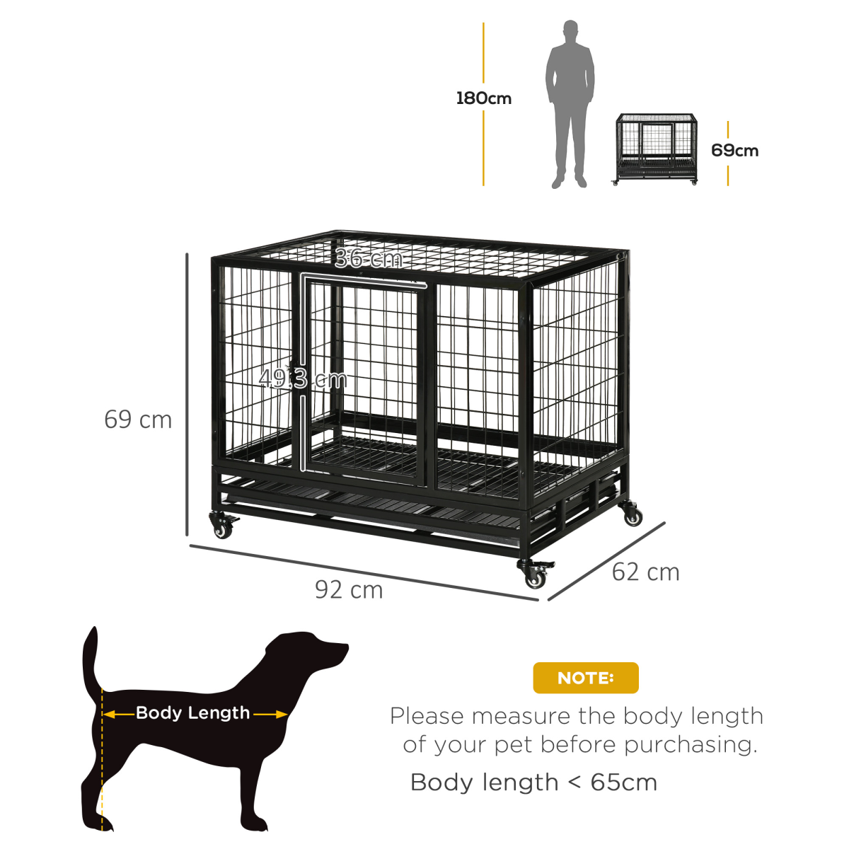PawHut Heavy Duty Metal Dog Crate with Wheels and Tray