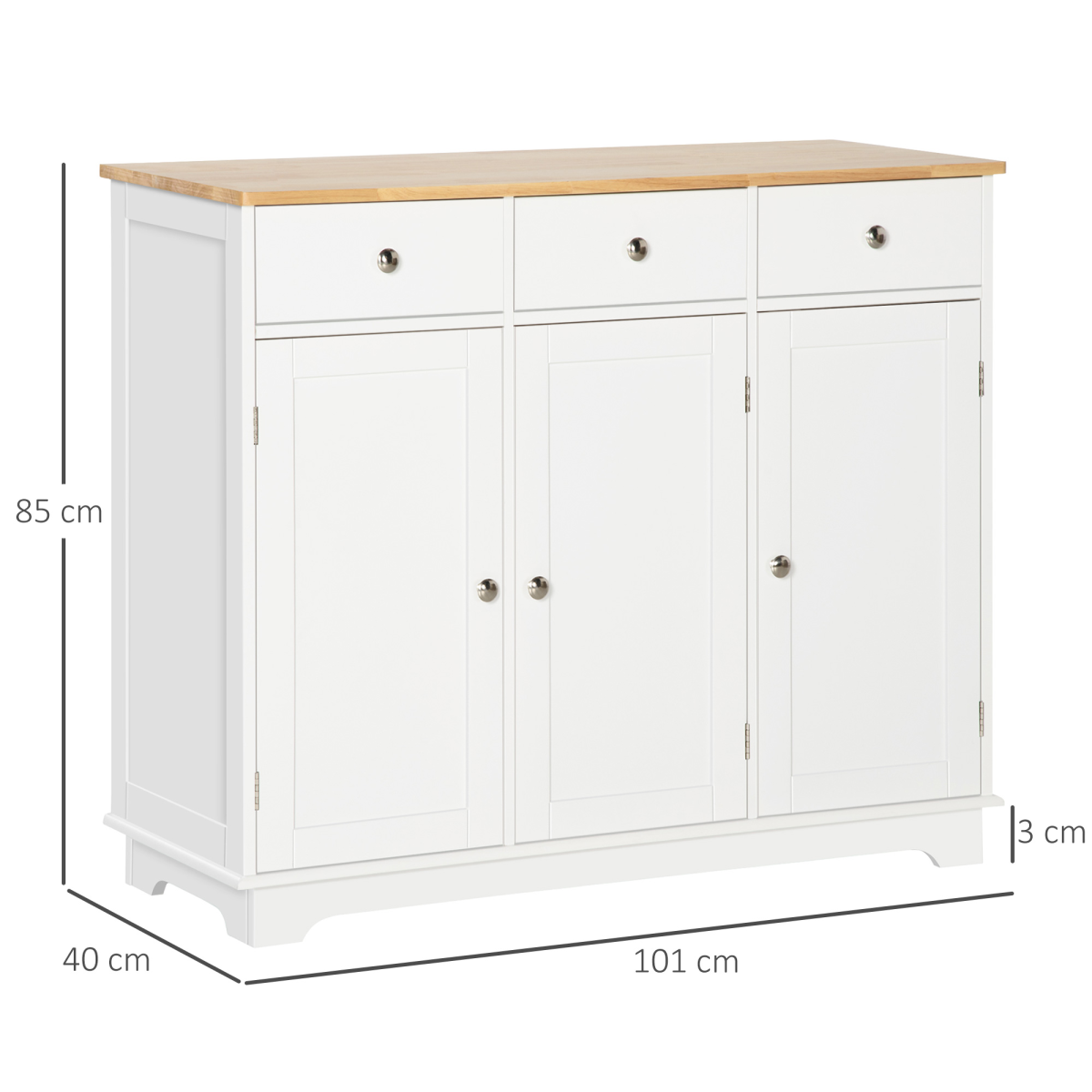 HOMCOM White Sideboard with Rubberwood Top, 3 Storage Cabinets, 3 Drawers, Adjustable Shelves