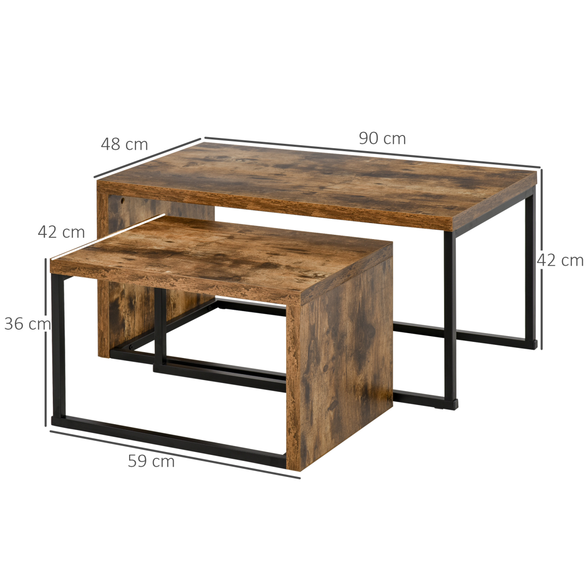 Set of 2 Wood Grain Coffee Tables with Black Base for Living Room