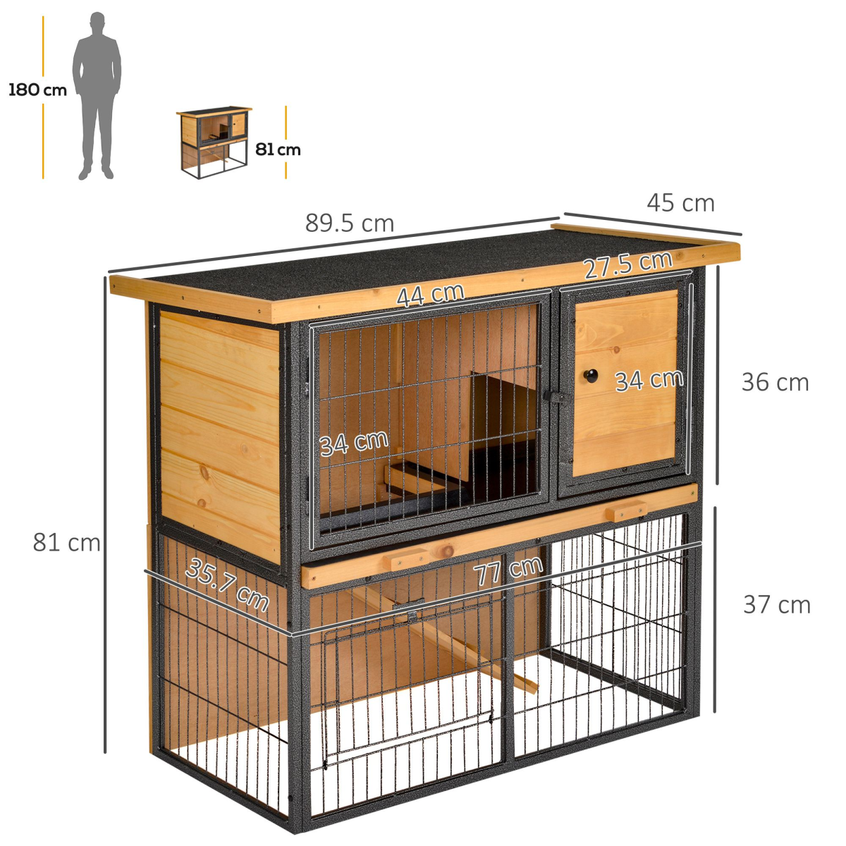 Elevated Outdoor Rabbit Hutch, Wood and Metal Pet House, 89.5 x 45 x 81 cm