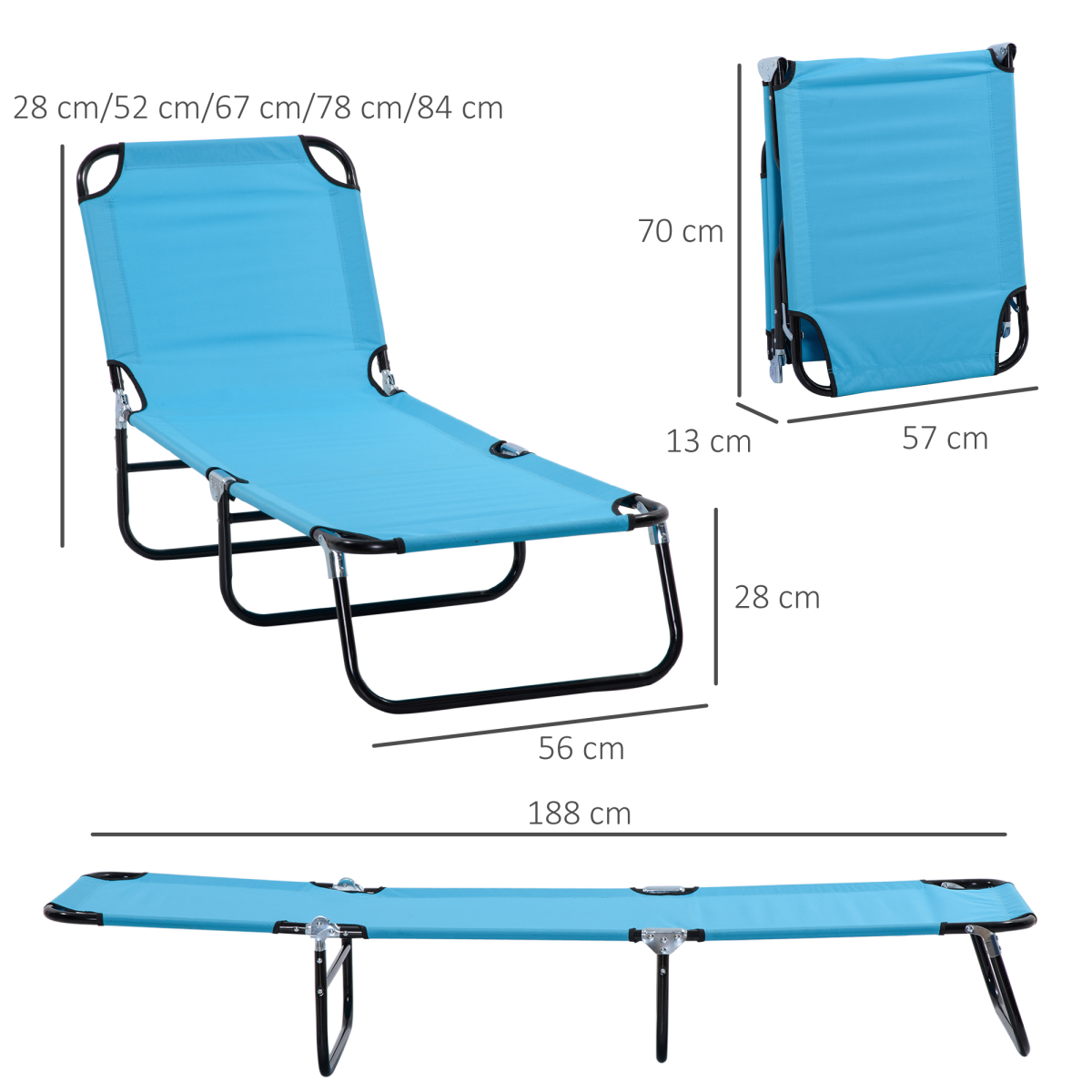 Outsunny Folding Reclining Chaise Lounge Chair with 5-Level Adjustable Backrest, Sky Blue