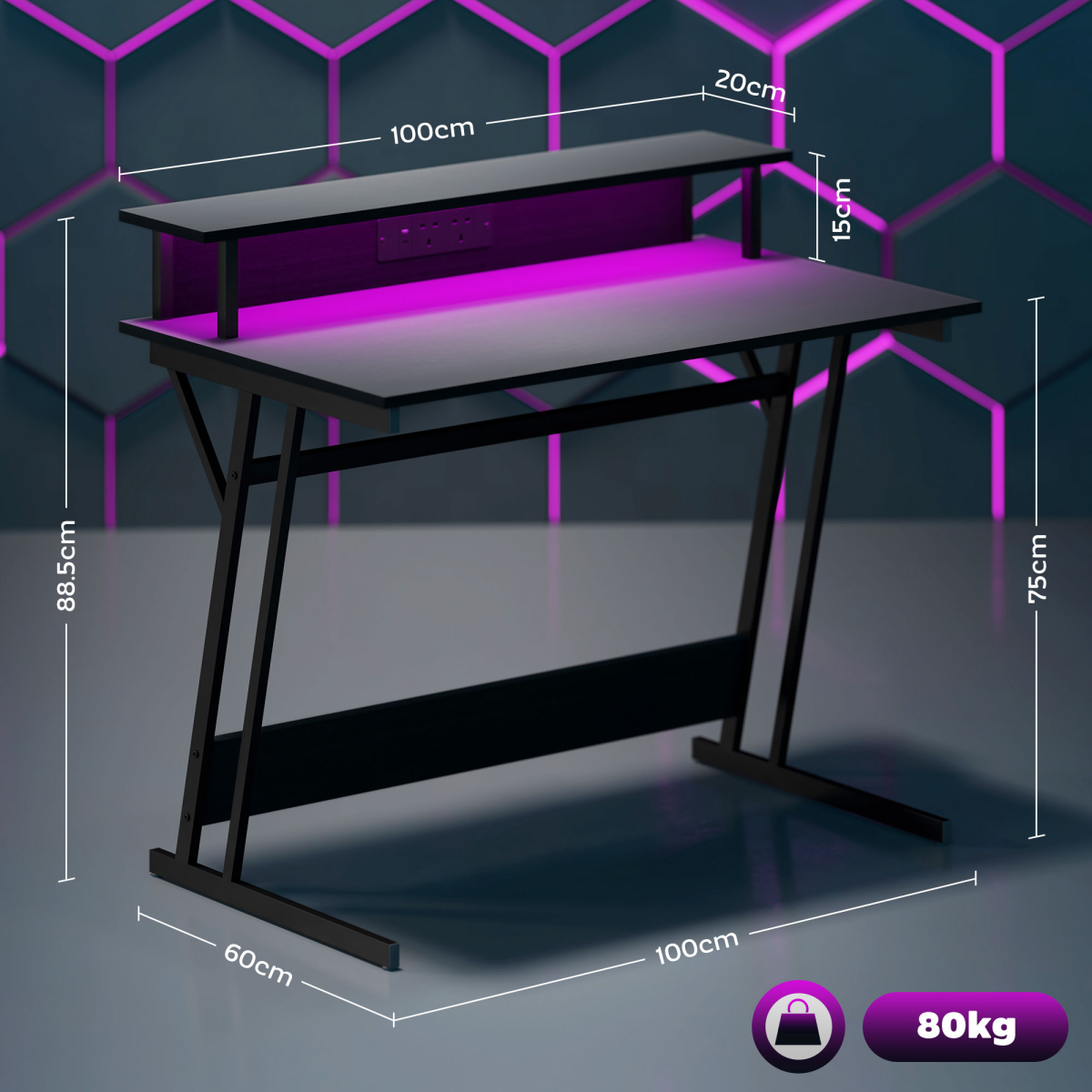 HOMCOM RGB LED Gaming Desk with Power Outlets & Monitor Stand, Black