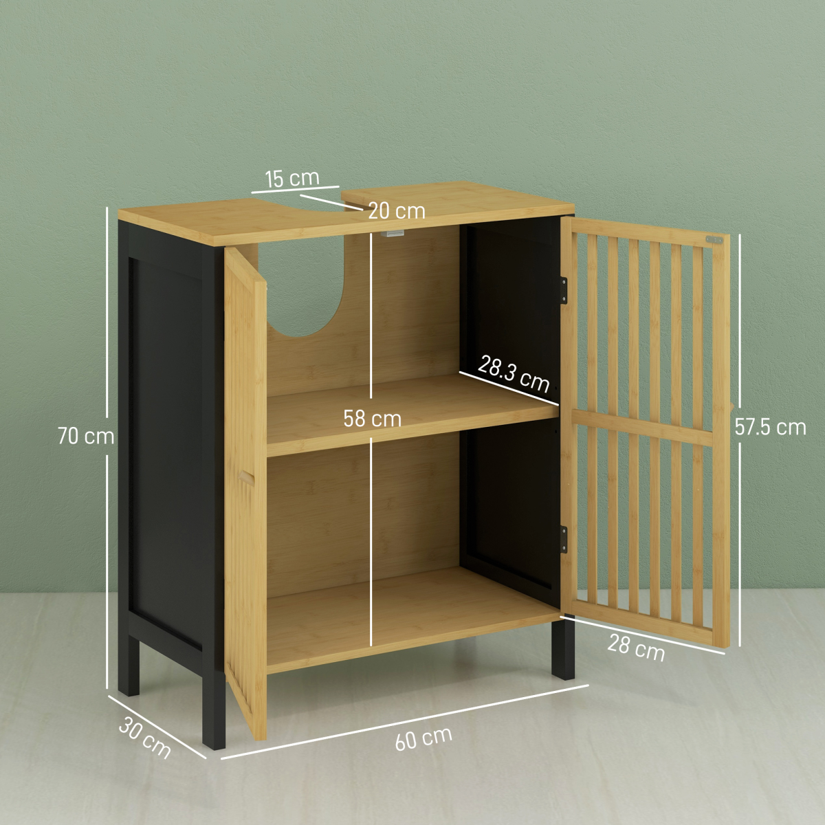 HOMCOM Bamboo Under Sink Bathroom Cabinet with Slat Doors