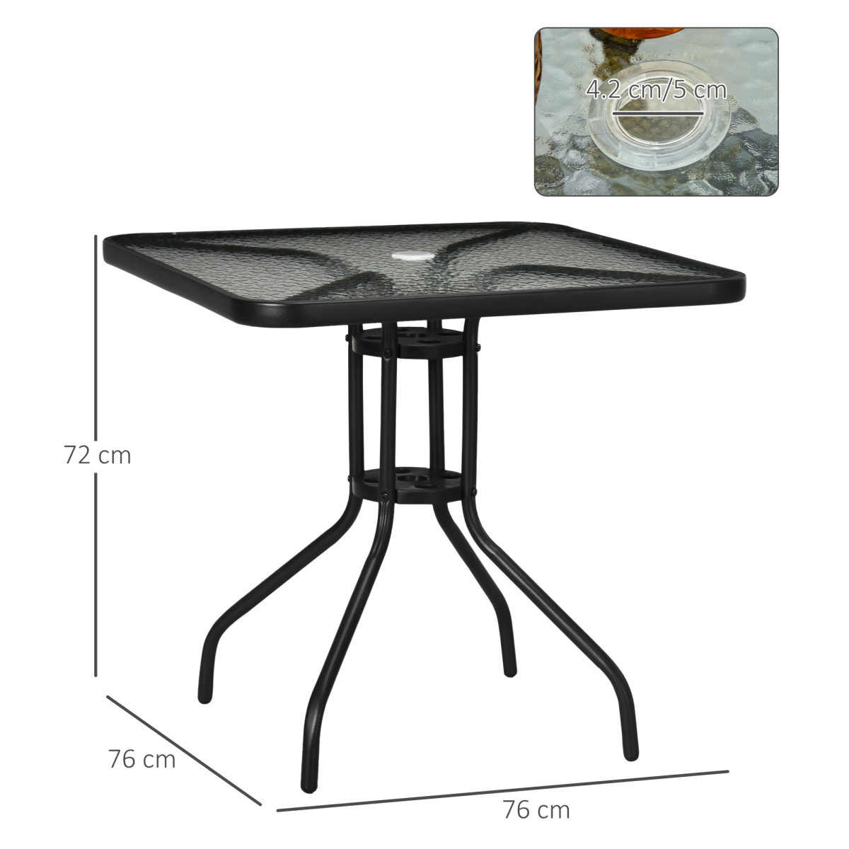 Square Square Patio Table with Tempered Glass Top, Steel Frame, 76 x 76cm Garden Dining Table