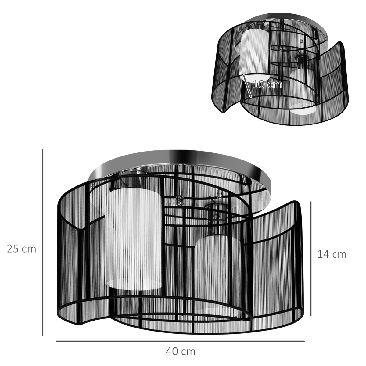 HOMCOM Chandelier, 40 x 25 cm, Chrome/Black Fabric, 2-Light Flush Mount, E27