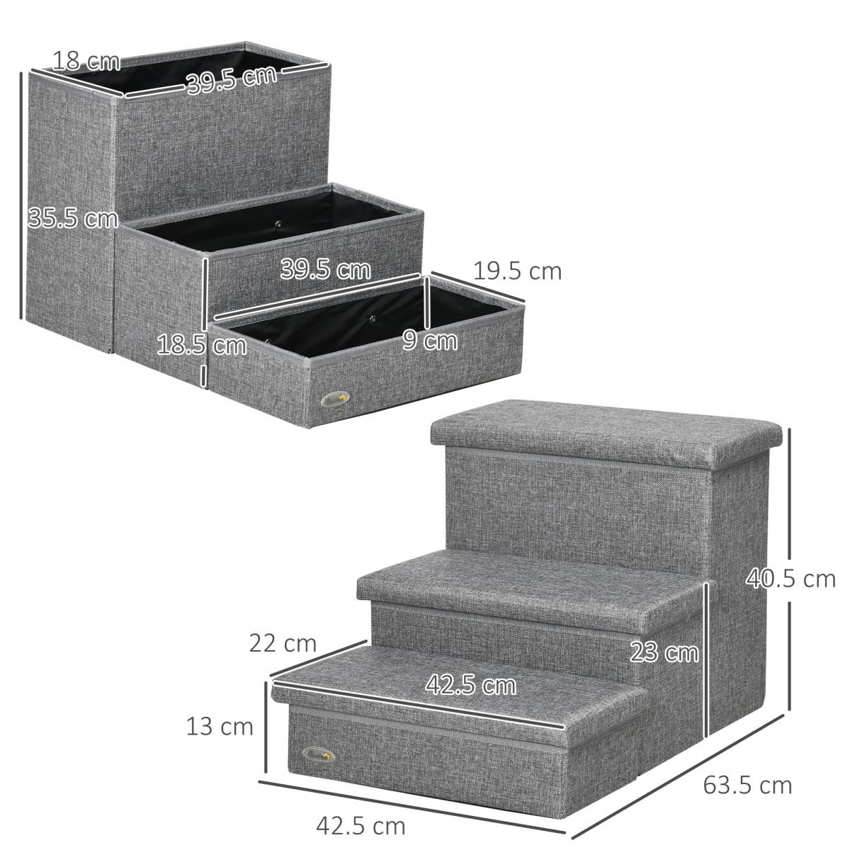 PawHut 3-Step Pet Stairs with Storage Boxes for Bed & Sofa, Light Grey
