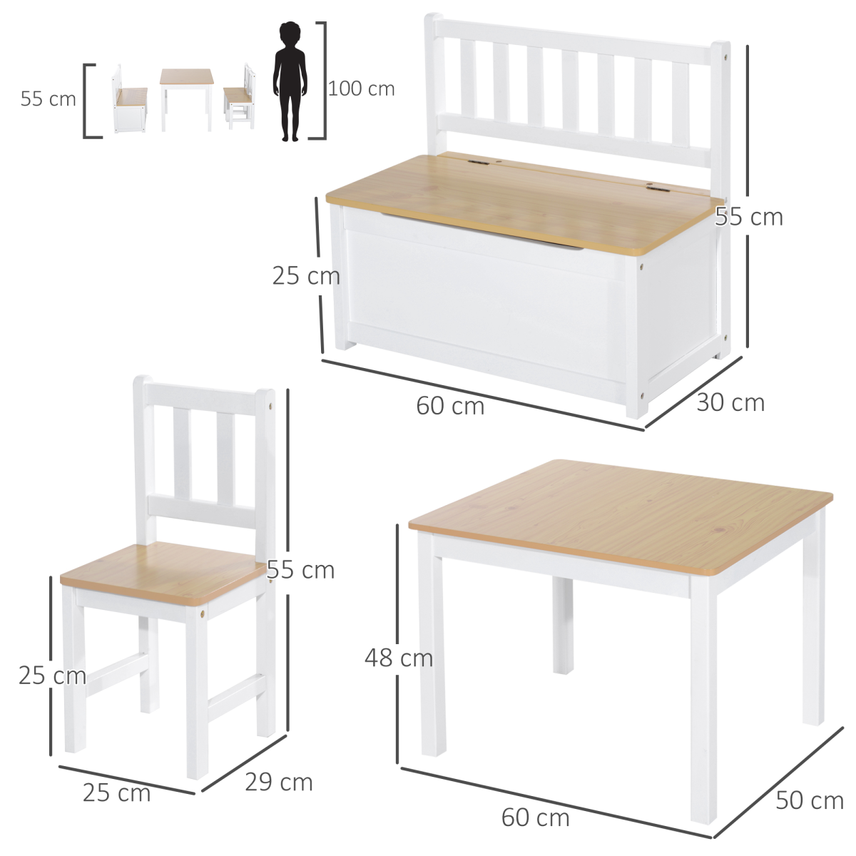 4-Piece Kids Table and Chair Set with Storage Bench, Ages 3+ HOMCOM