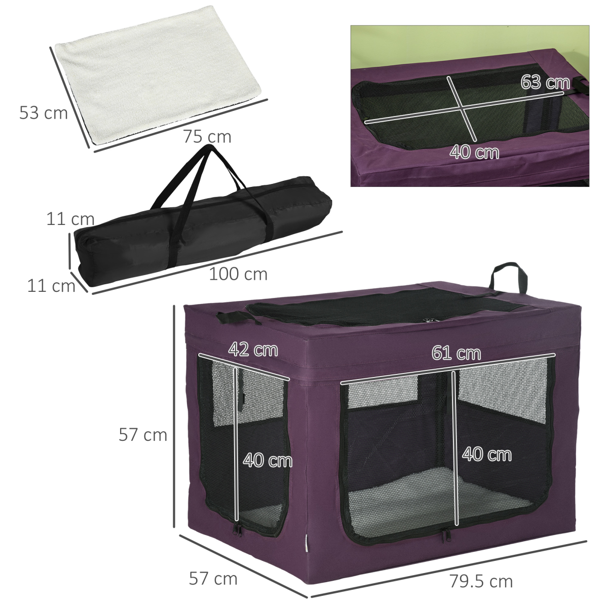 Foldable Pet Carrier Bag with Cushion for Small and Medium Dogs - Purple