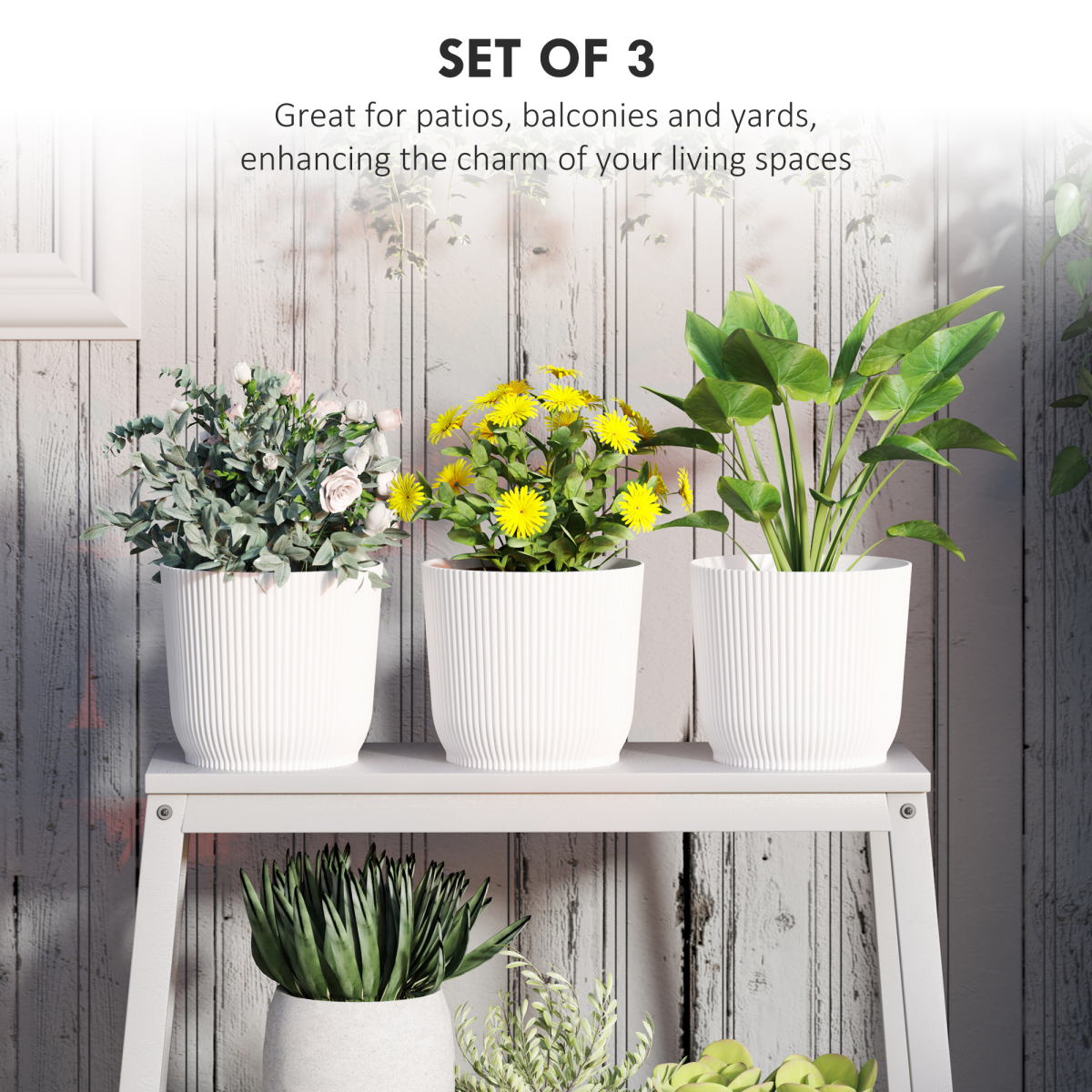 Outsunny Set of 3 Stackable Round Plant Pots, 22cm, White