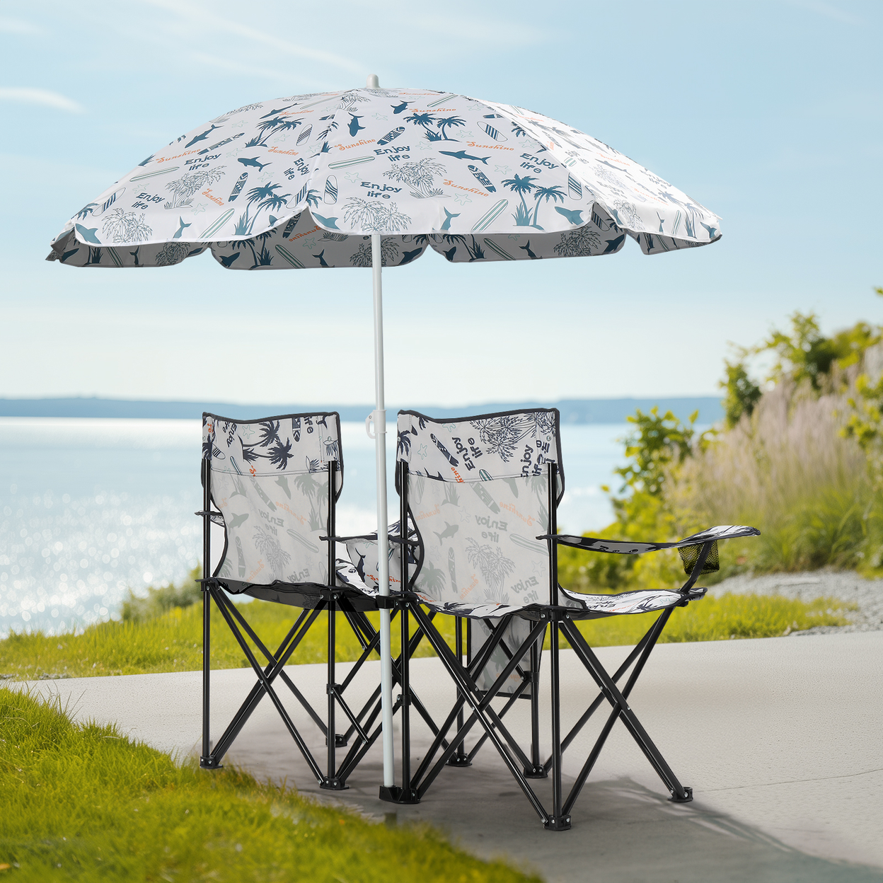 Portable Outdoor 2-Seat Folding Chair w/ Removable Sun Umbrella Coconut Tree (HTML)