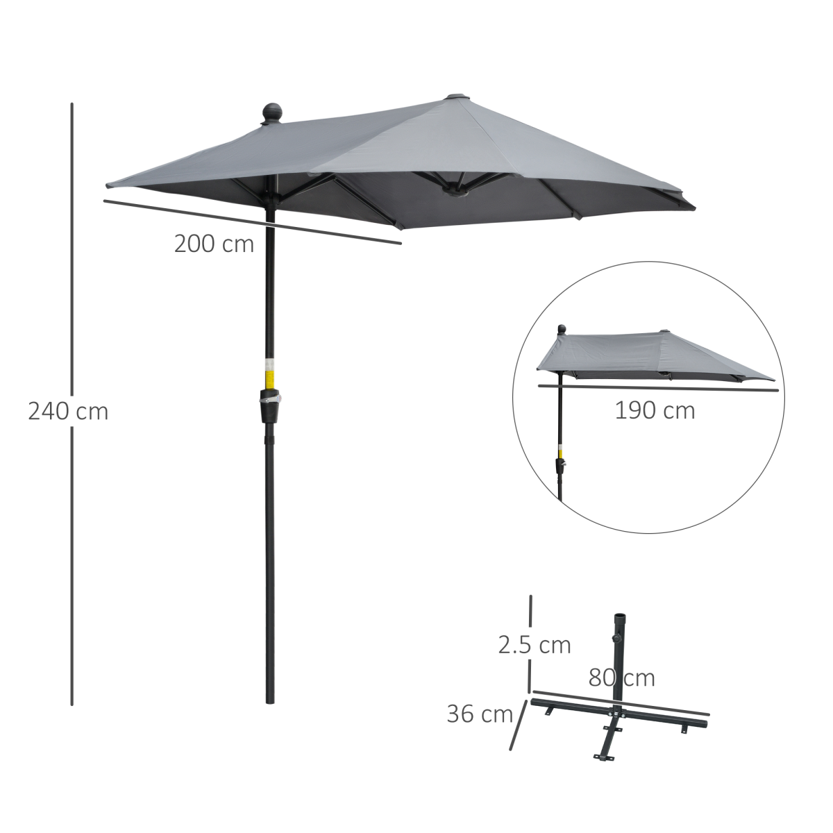 Outsunny 2m Half Garden Parasol Umbrella with Crank Handle, Dark Grey