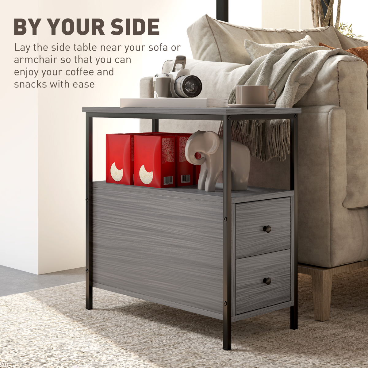 HOMCOM Narrow End Table with 2 Drawers and Storage Shelf, Grey