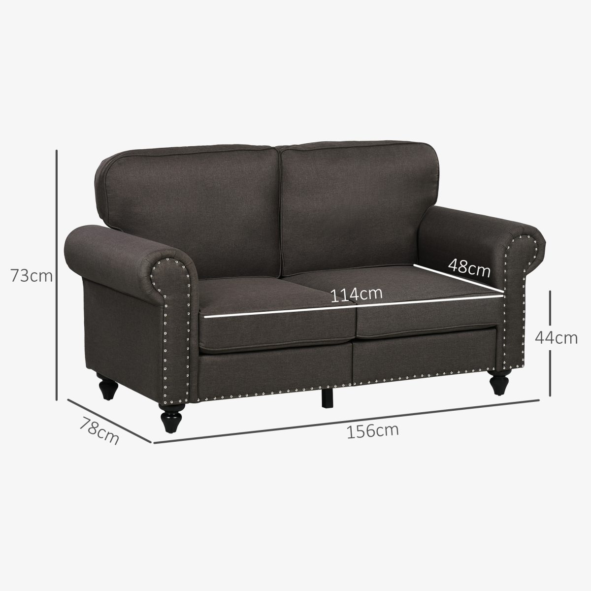 HOMCOM Mid-Century 2 Seater Sofa with Nailhead Trim, Dark Brown