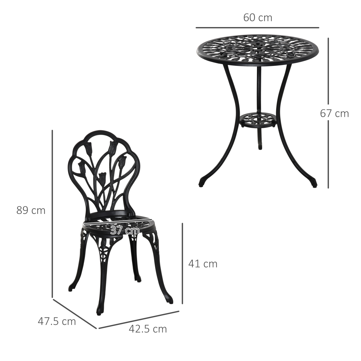 Outsunny 3 Piece Aluminium Bistro Set with Umbrella Hole, Black Garden Furniture