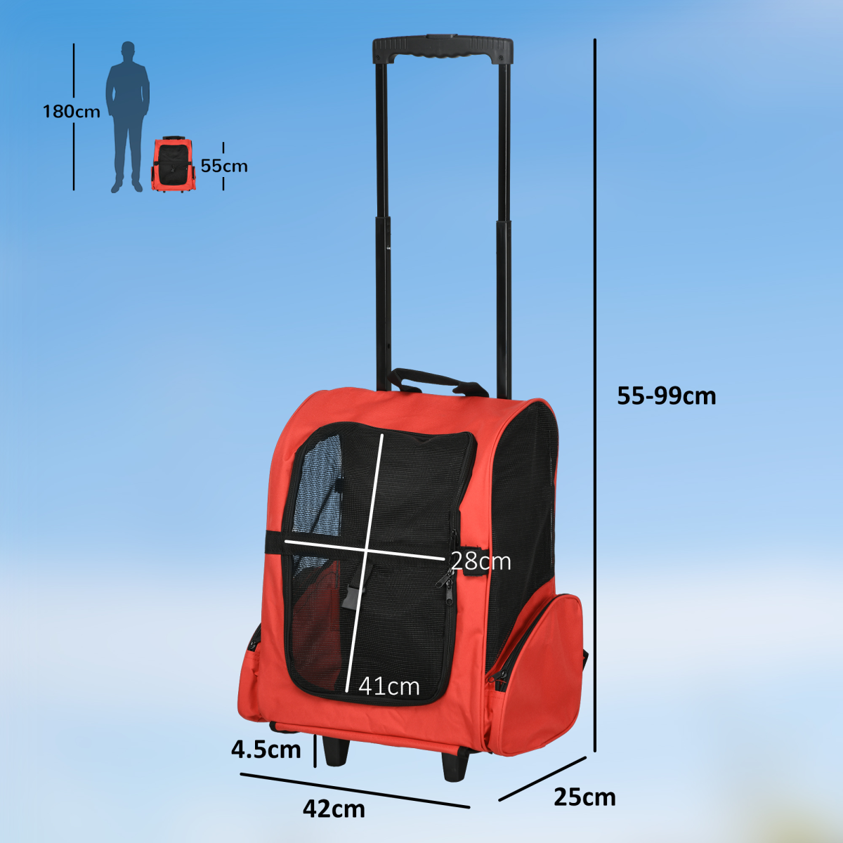 Pawhut Pet Travel Backpack Carrier, 2-in-1 Trolley Bag with Telescopic Handle, 4 Detachable Wheels, Breathable Mesh, Safety Buckle Lock