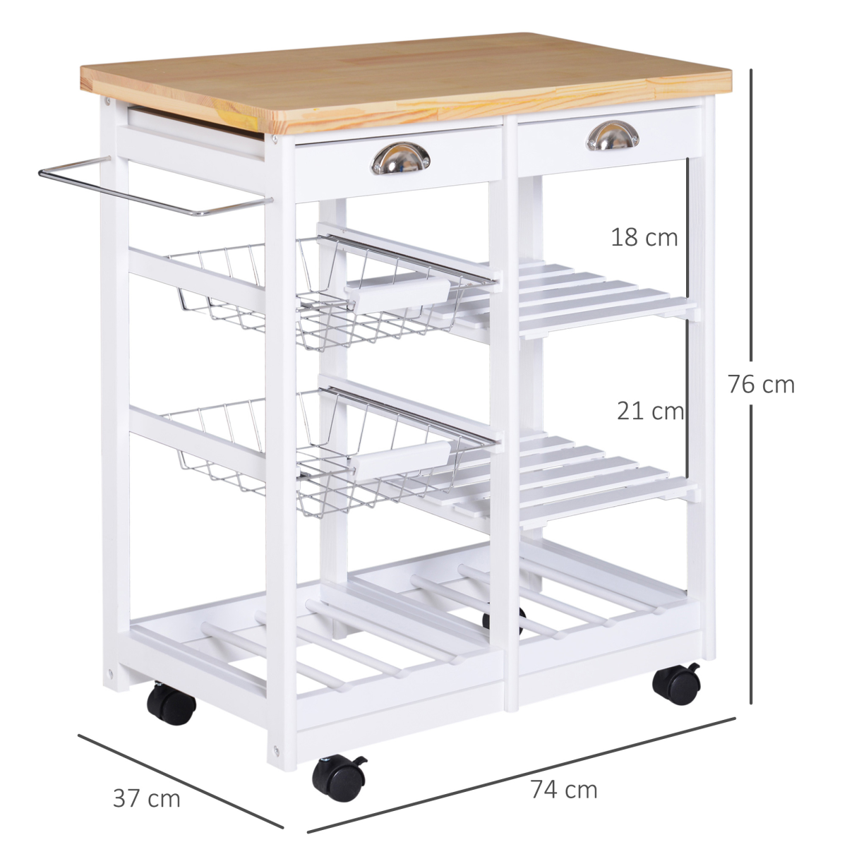 HOMCOM Kitchen Island with 2 Drawers, Pull-Out Shelves, Wire Baskets, Wine Rack and Wheels, 74 x 37 x 76 cm, White