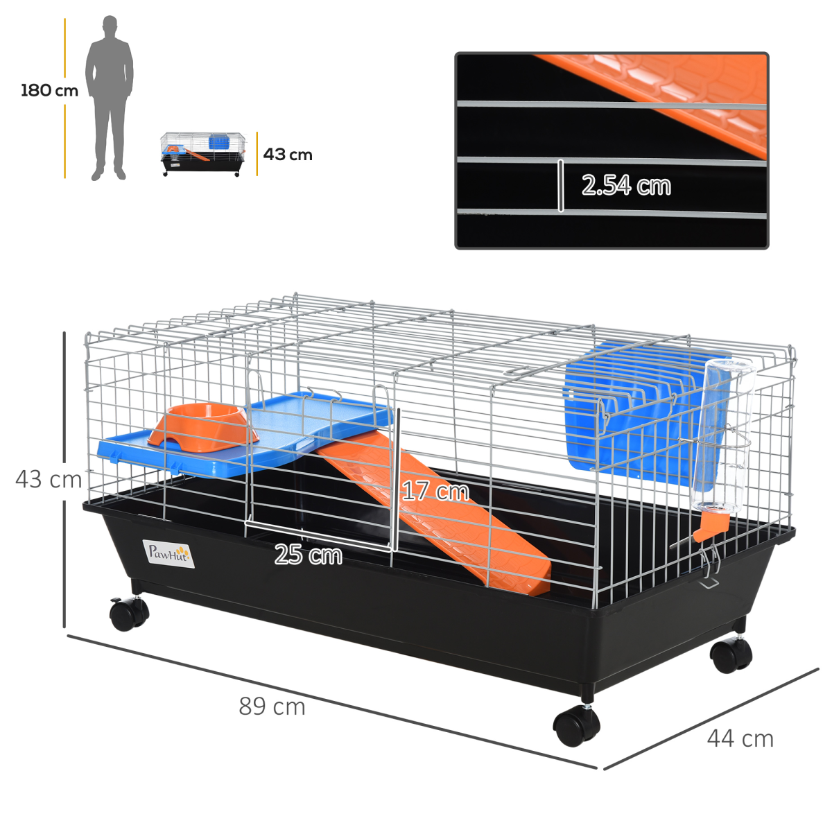 Pawhut 89cm Small Animal Home Cage with Wheels, Platform, Ramp, Hay Feeder, Water Bottle and Food Dish, Black
