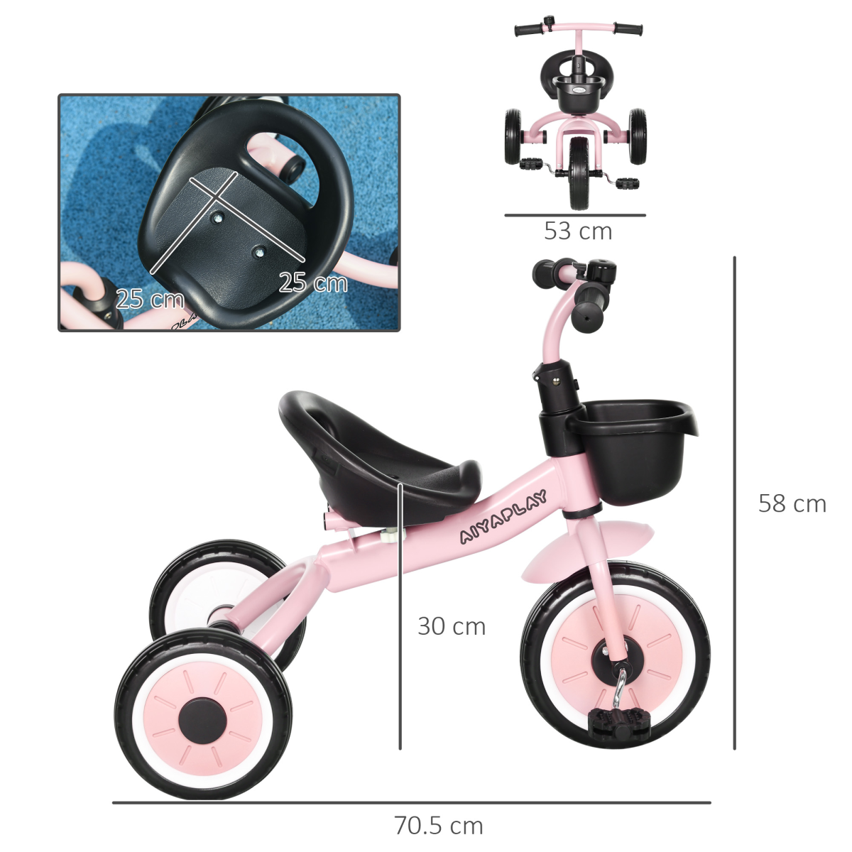 AIYAPLAY Kids Tricycle with Adjustable Seat, Basket & Bell, Pink