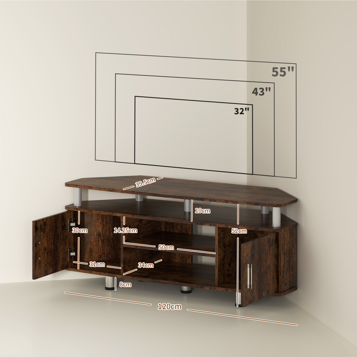 HOMCOM Rustic Brown TV Unit Cabinet with 2 Cupboards & Shelves