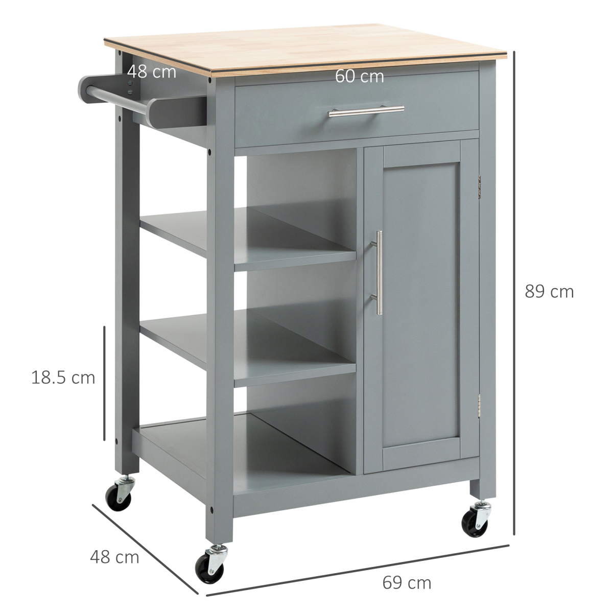 HOMCOM Grey Kitchen Trolley Cart with Wooden Worktop, Drawer, Cupboard, Shelves and Wheels