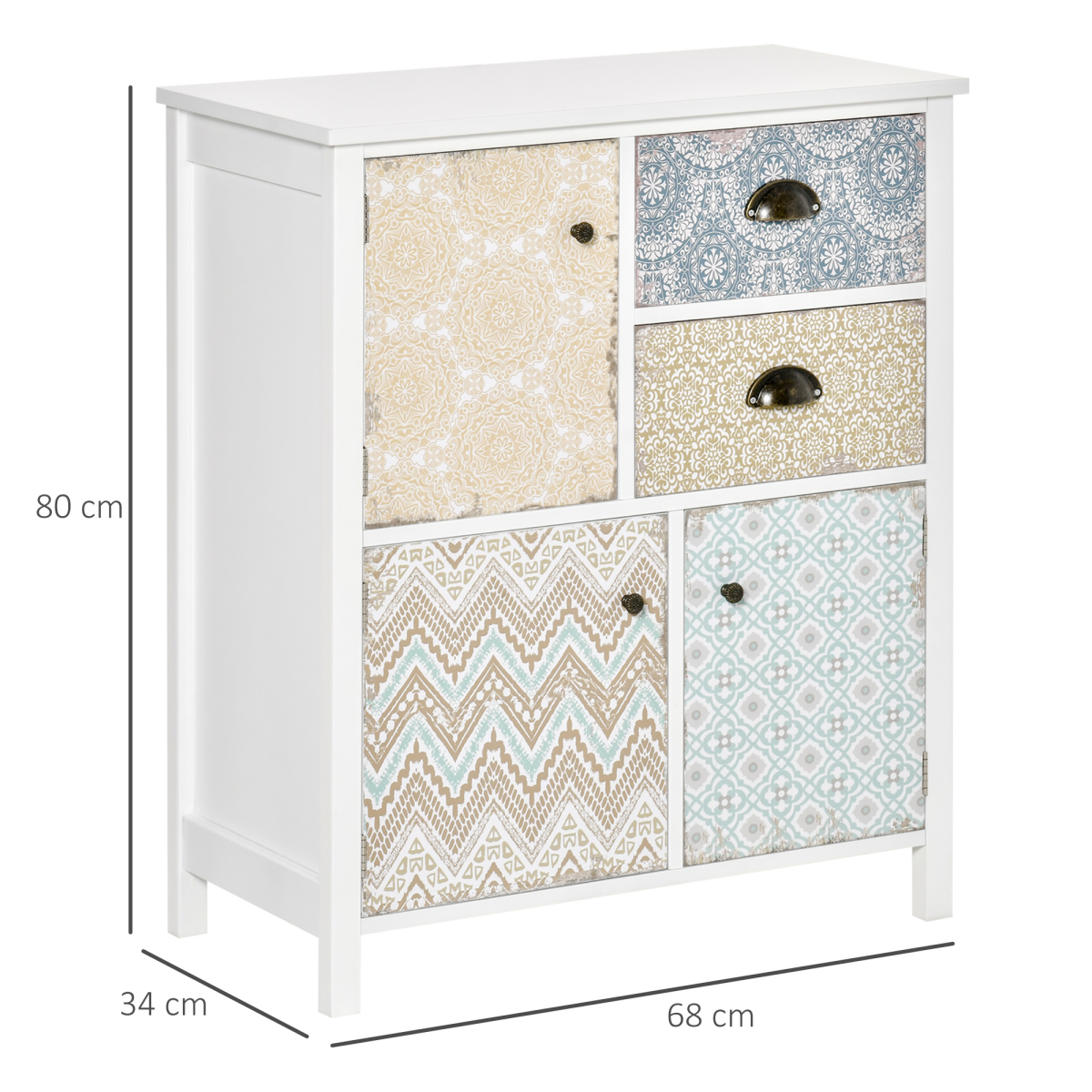 HOMCOM Bohemian Sideboard Storage Chest with 2 Drawers and 3 Cupboards, Colourful Pattern Design, Wood and MDF, Anti-Tipping Straps, Assembly Required