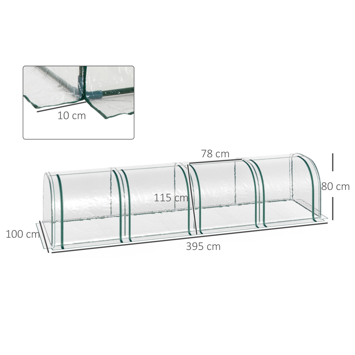 Outsunny Mini Tunnel Greenhouse 395 x 100 cm Steel Frame with Clear Cover and Zipper Doors