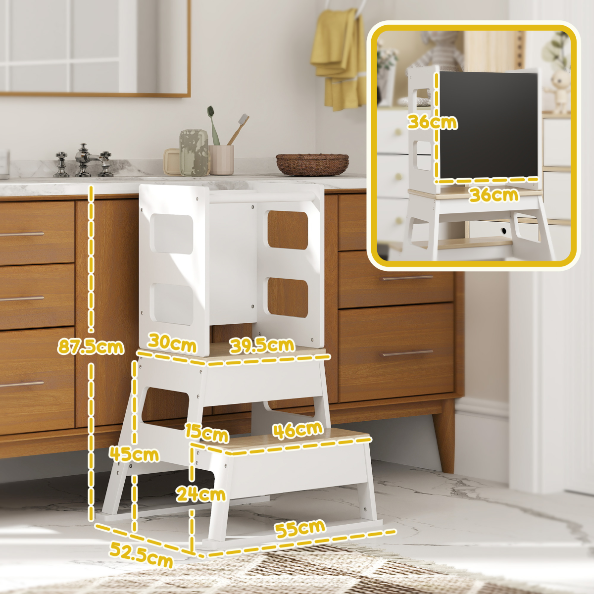 AIYAPLAY 2-in-1 Toddler Tower with Chalkboard & Safety Rail