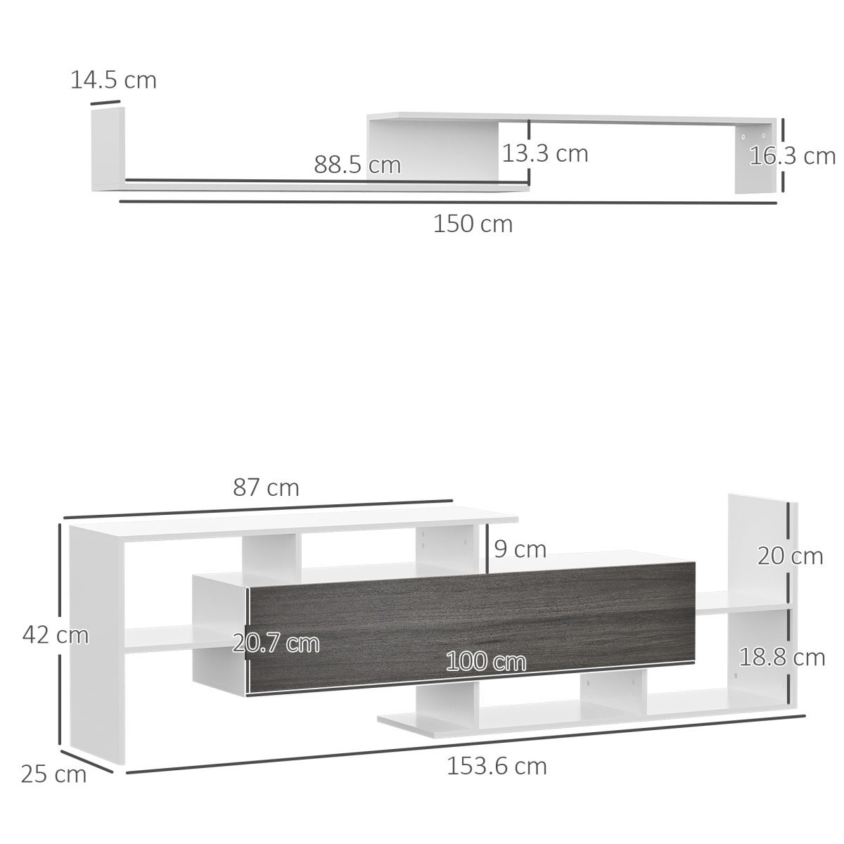 TV Cabinet Unit with Wall-Mounted Shelf and Open Shelves, White and Grey
