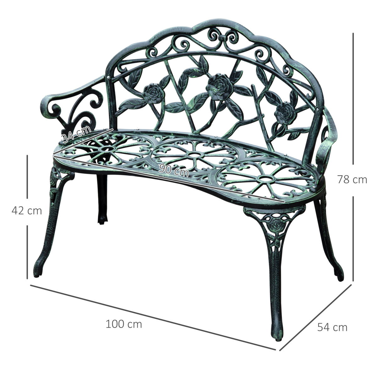 Outsunny Antique Style Cast Aluminum Garden Bench with Curved Back, Rose Pattern, Verdigris Finish