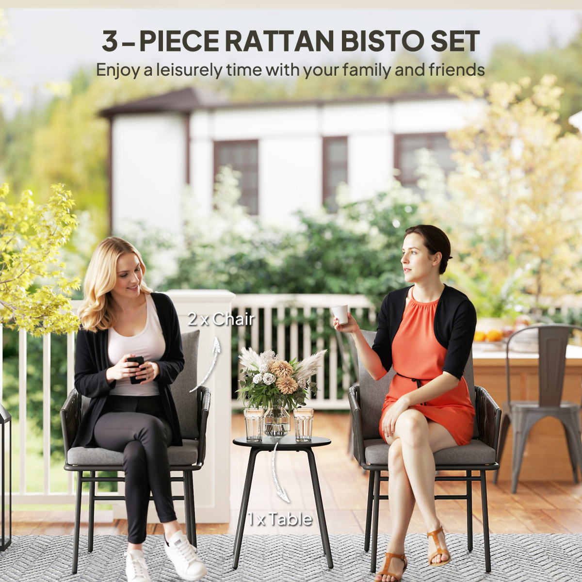 Outsunny Grey Rattan Bistro Set with Table and 4 Cushions