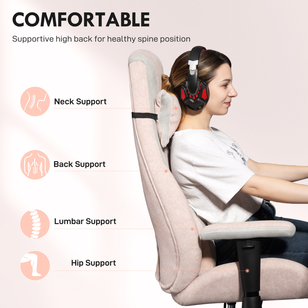HOMCOM Pale Pink Gaming Chair with Lumbar Support and Swivel Wheels