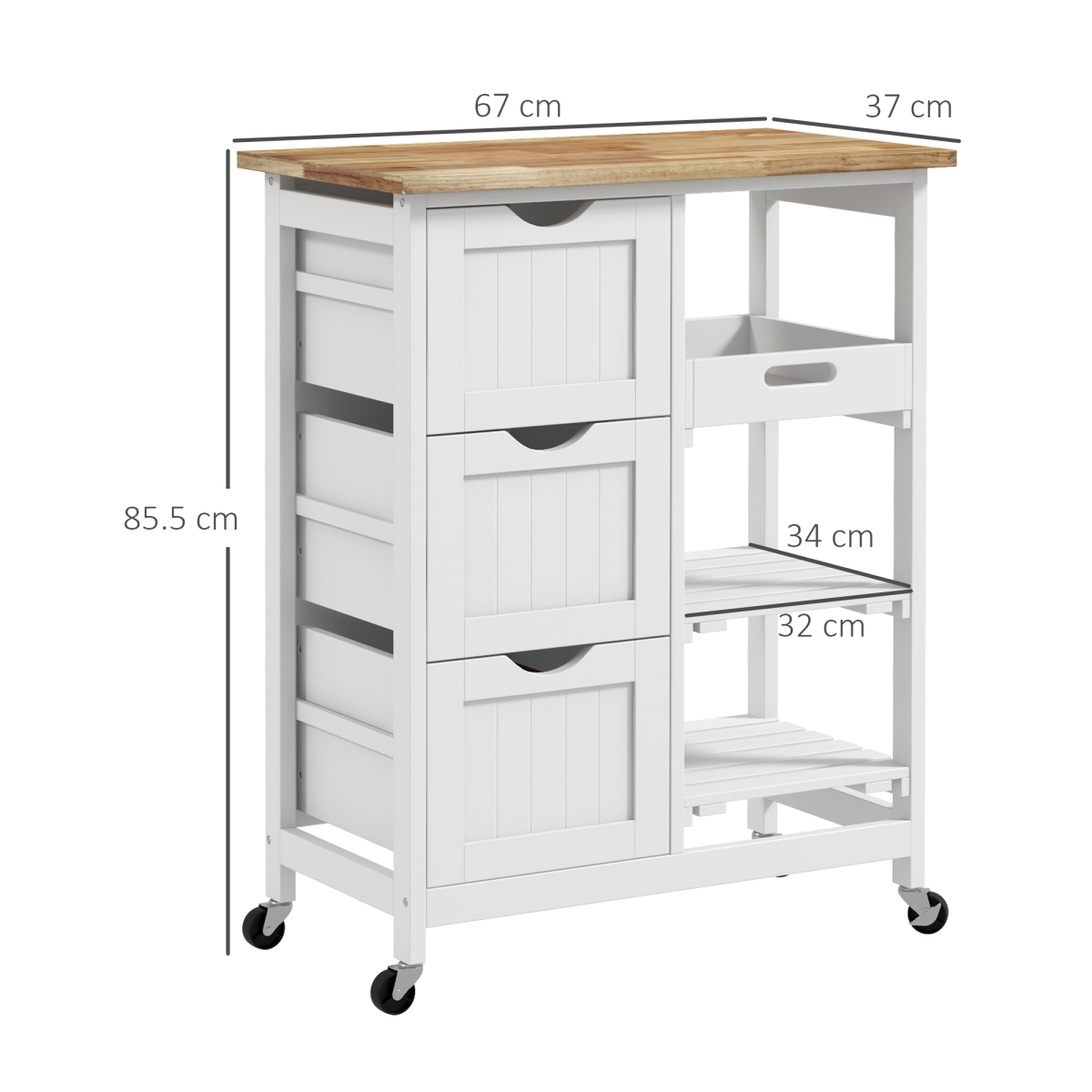 HOMCOM White Rolling Kitchen Island Cart with 3 Drawers & Tray