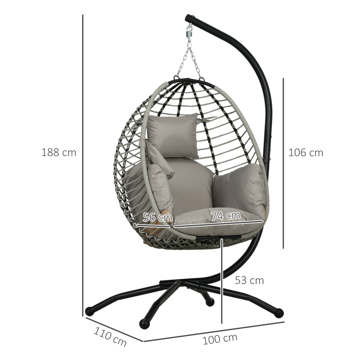 Outsunny Grey Hanging Swing Chair with Thick Cushion and Cup Holders