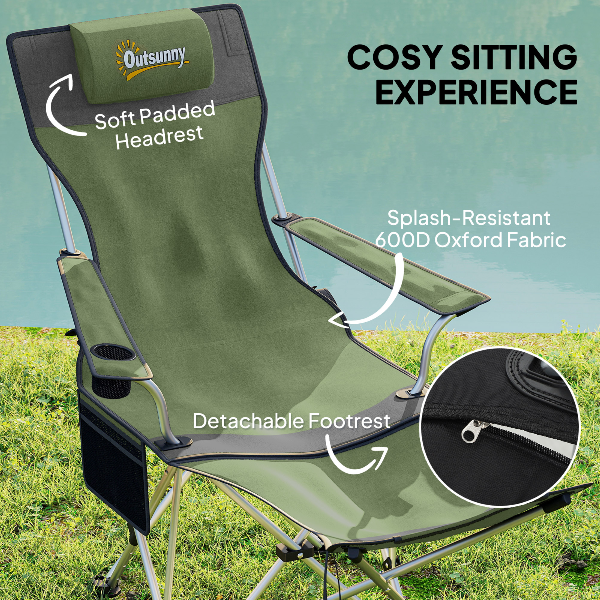 Outsunny Set of 2 Reclining Camping Chairs with Headrest and Cup Holder