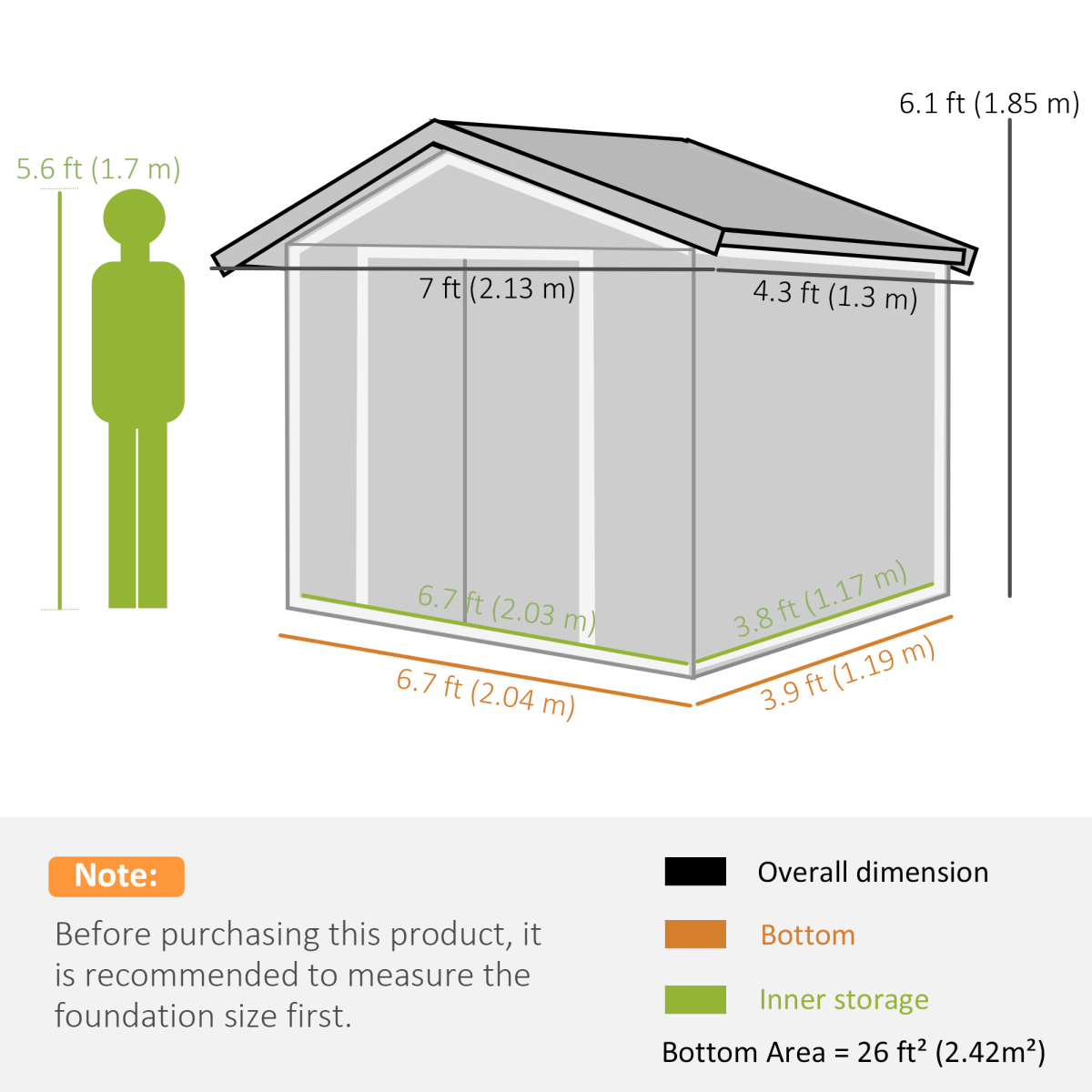 Outsunny Lockable Garden Storage Shed 7ft x 4ft Grey Galvanised Steel with Sloped Roof, Ventilation and Floor Foundation