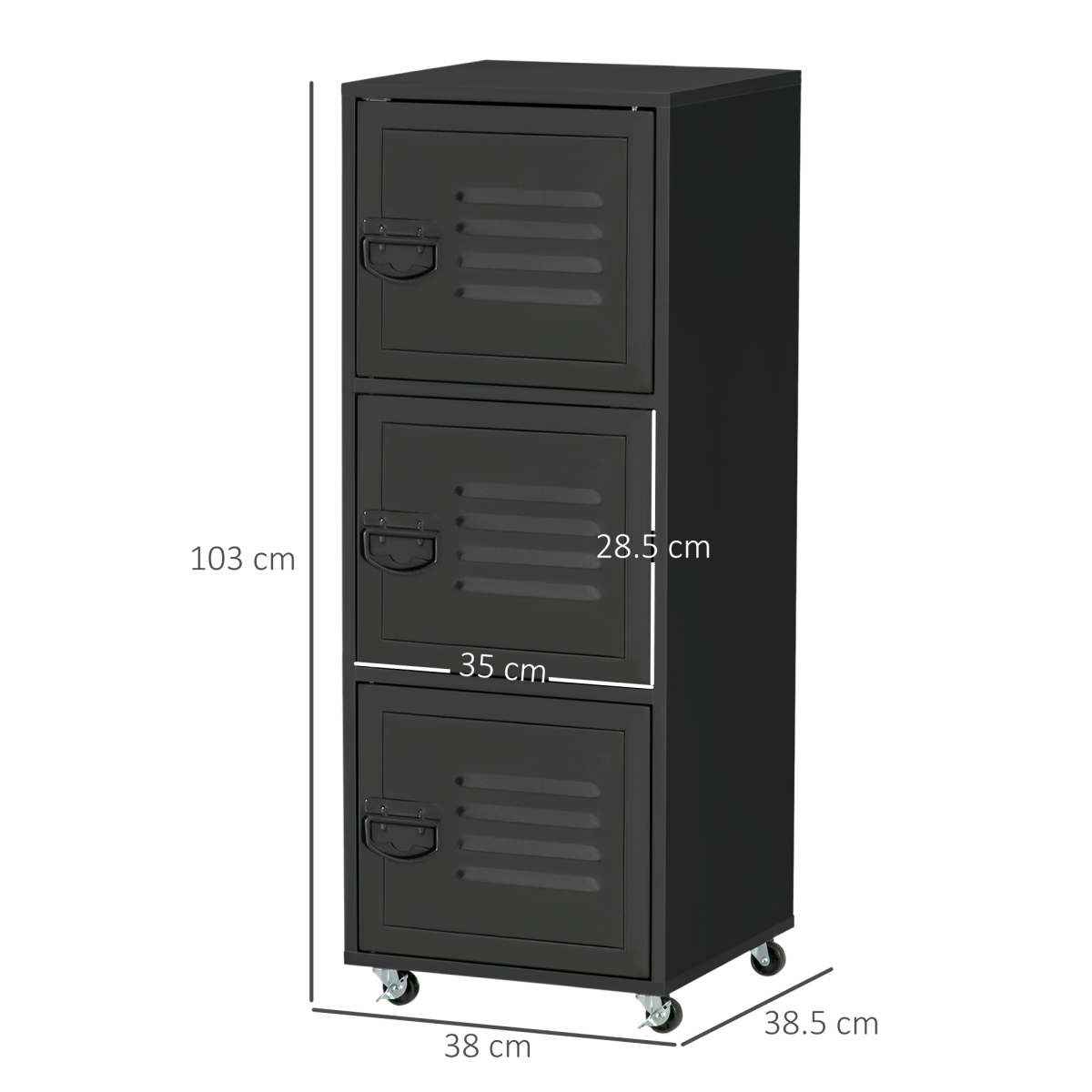 3-Tier Rolling Storage Cabinet with Wheels, Metal Doors, Black