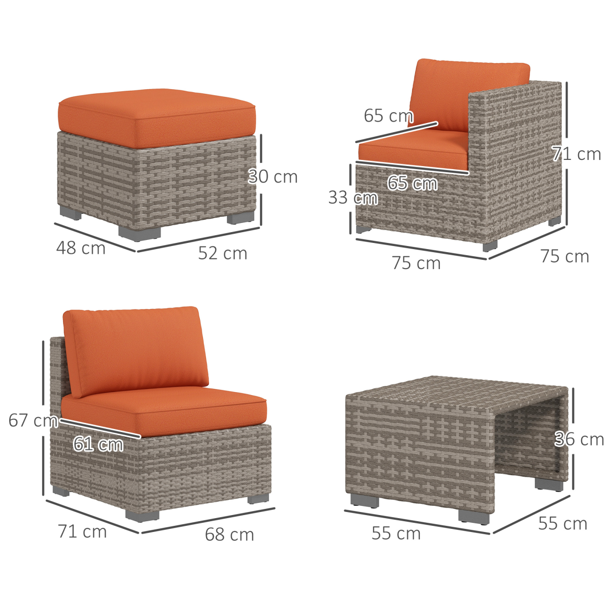 Outsunny 8-Piece Outdoor Patio Rattan Furniture Set with Cushioned Chairs, Footstools and Square Tables