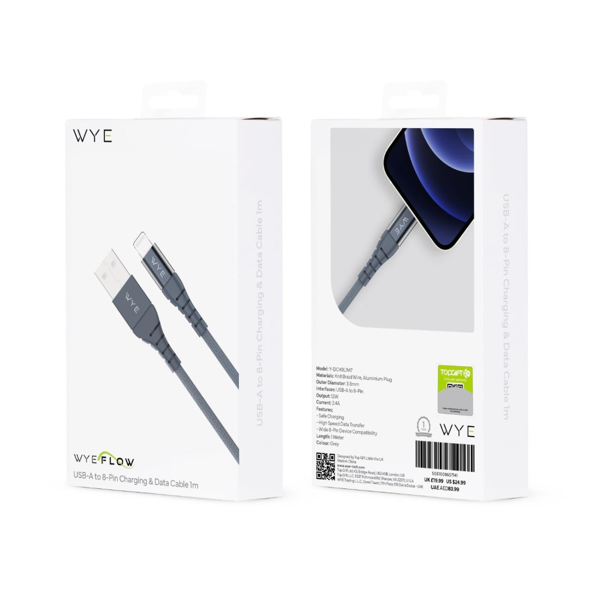 WYE USB-A to 8-Pin Fast Charging & Data Cable, 1m, Grey