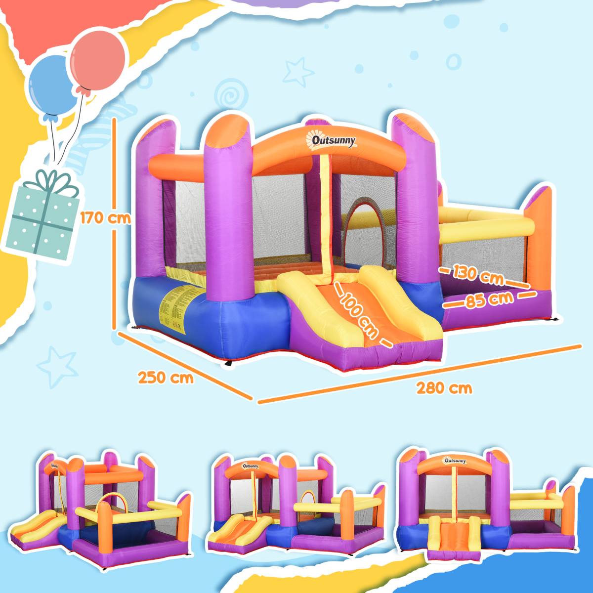 Outsunny Inflatable Bouncy Castle with Slide and Pool, Electric Blower Included, Multi-Color