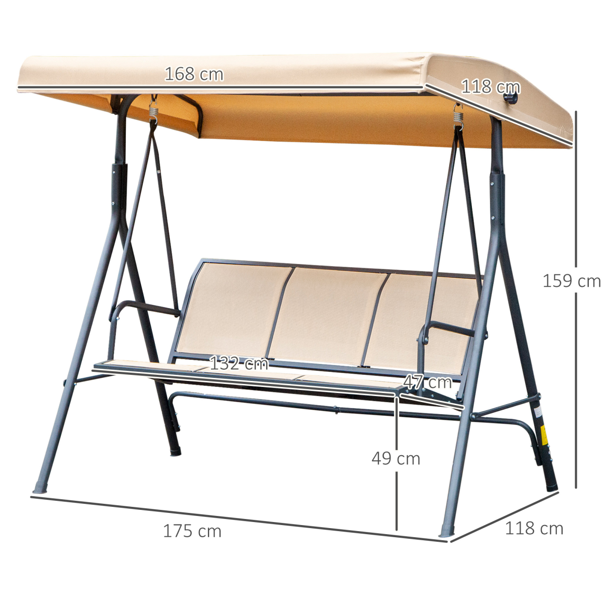 Outsunny 3-Seater Swing Chair with Weather-Resistant Canopy, Steel Frame, Beige