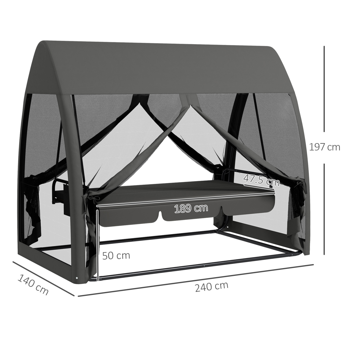 Outsunny 3-Seater Garden Swing Chair Bed with Canopy, Grey