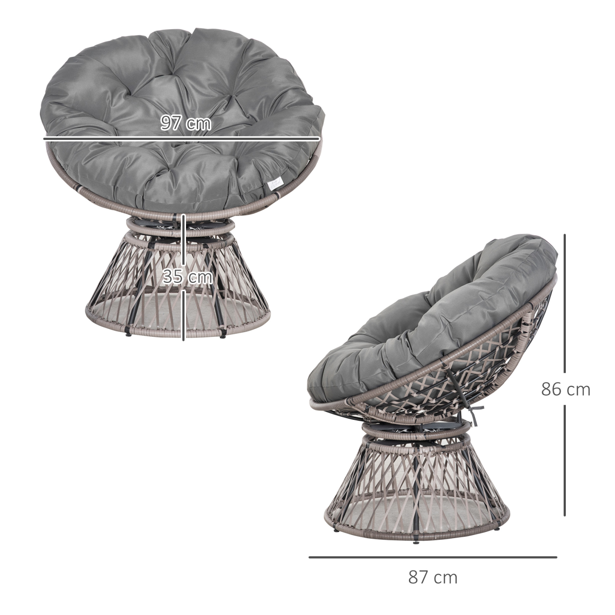 360° Swivel Rattan Papasan Moon Bowl Chair with Cushion, Outdoor, Grey, Outsunny