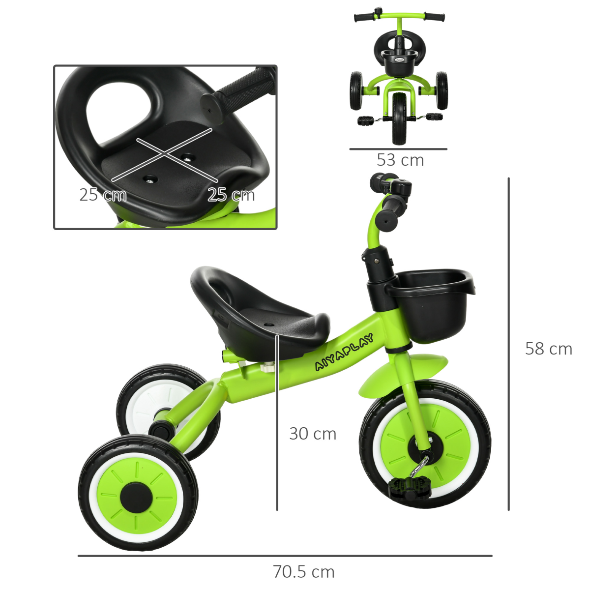 AIYAPLAY Adjustable Seat Kids Tricycle with Basket, Green, 2-5 Years