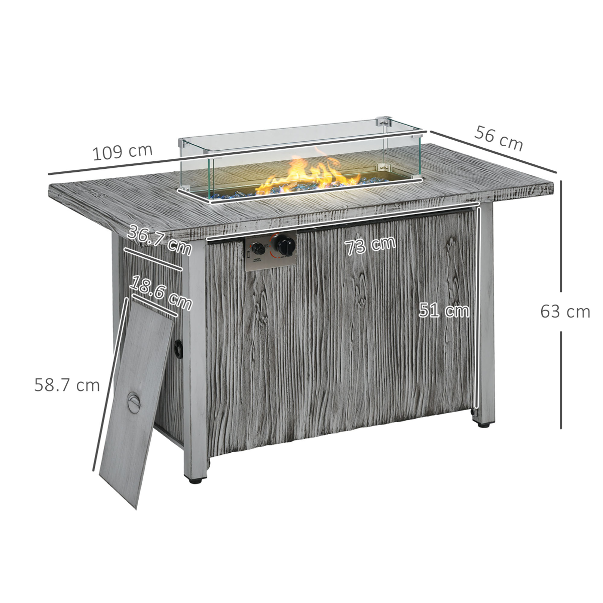 Outsunny Gas Fire Pit Table with 50,000 BTU Burner, Glass Screen and Rain Cover, Grey