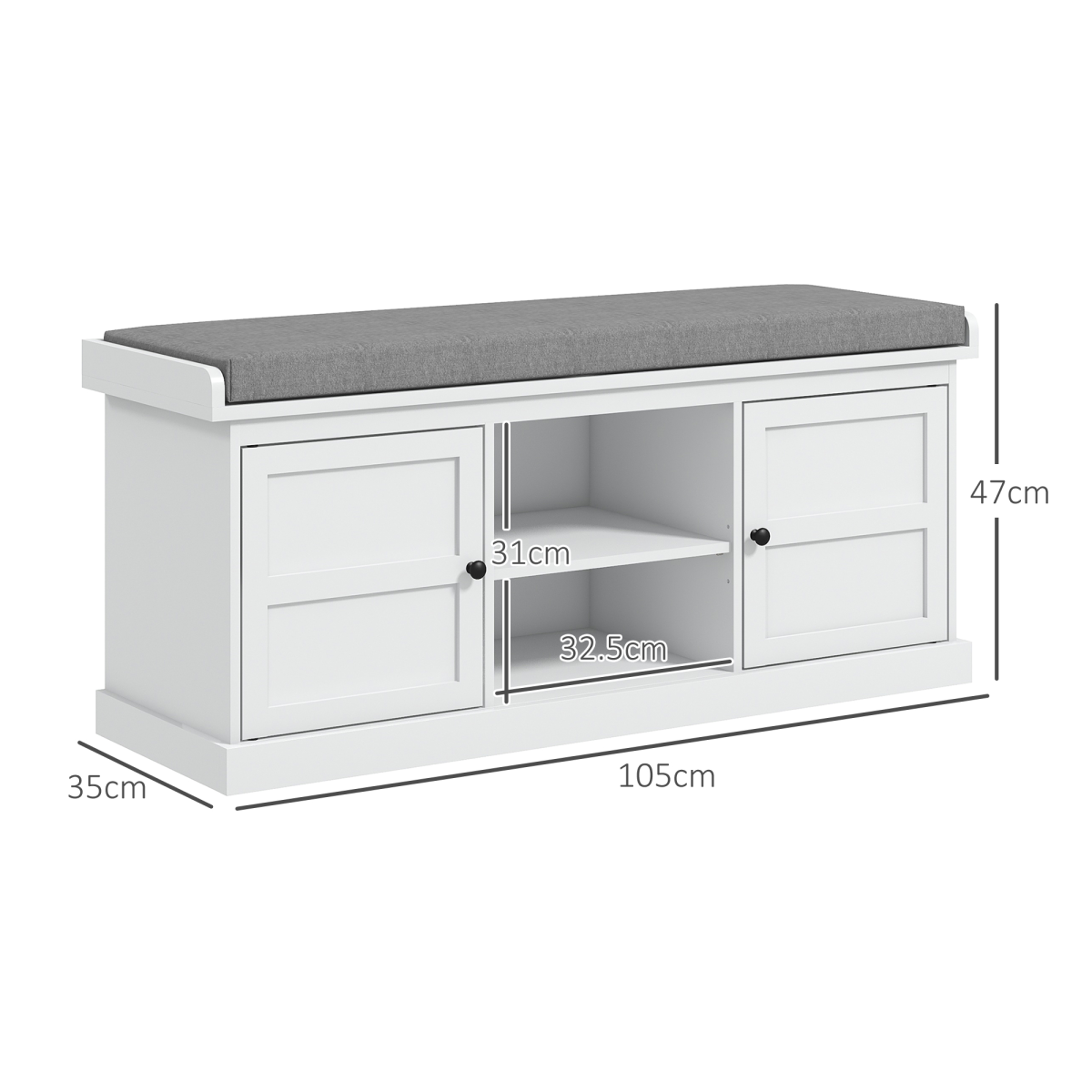 HOMCOM Shoe Storage Bench with Cushion, 2 Cabinets, White