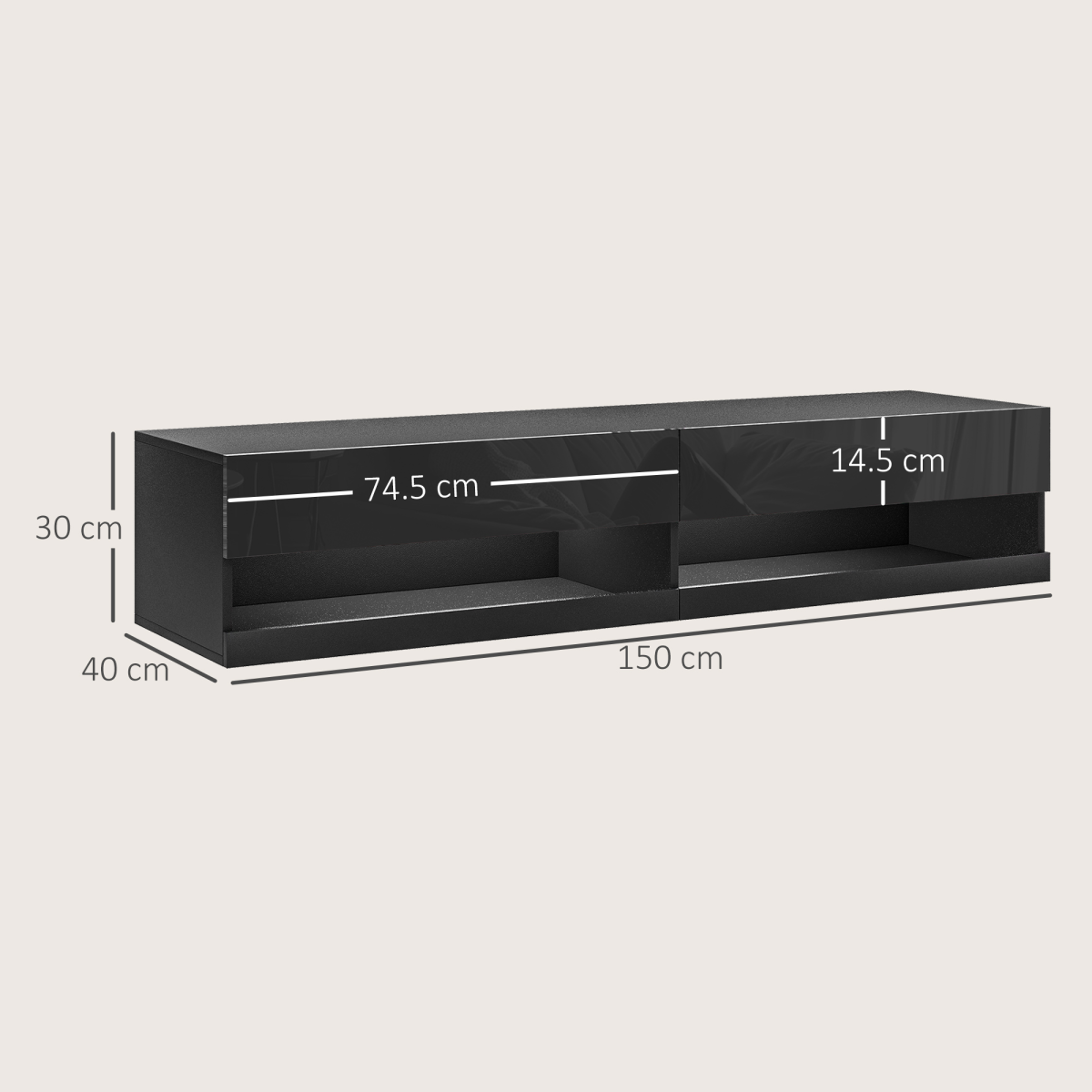 HOMCOM Wall-Mounted Media Console with LED Lights, Storage Shelves, 65" TV Support, High Gloss Black